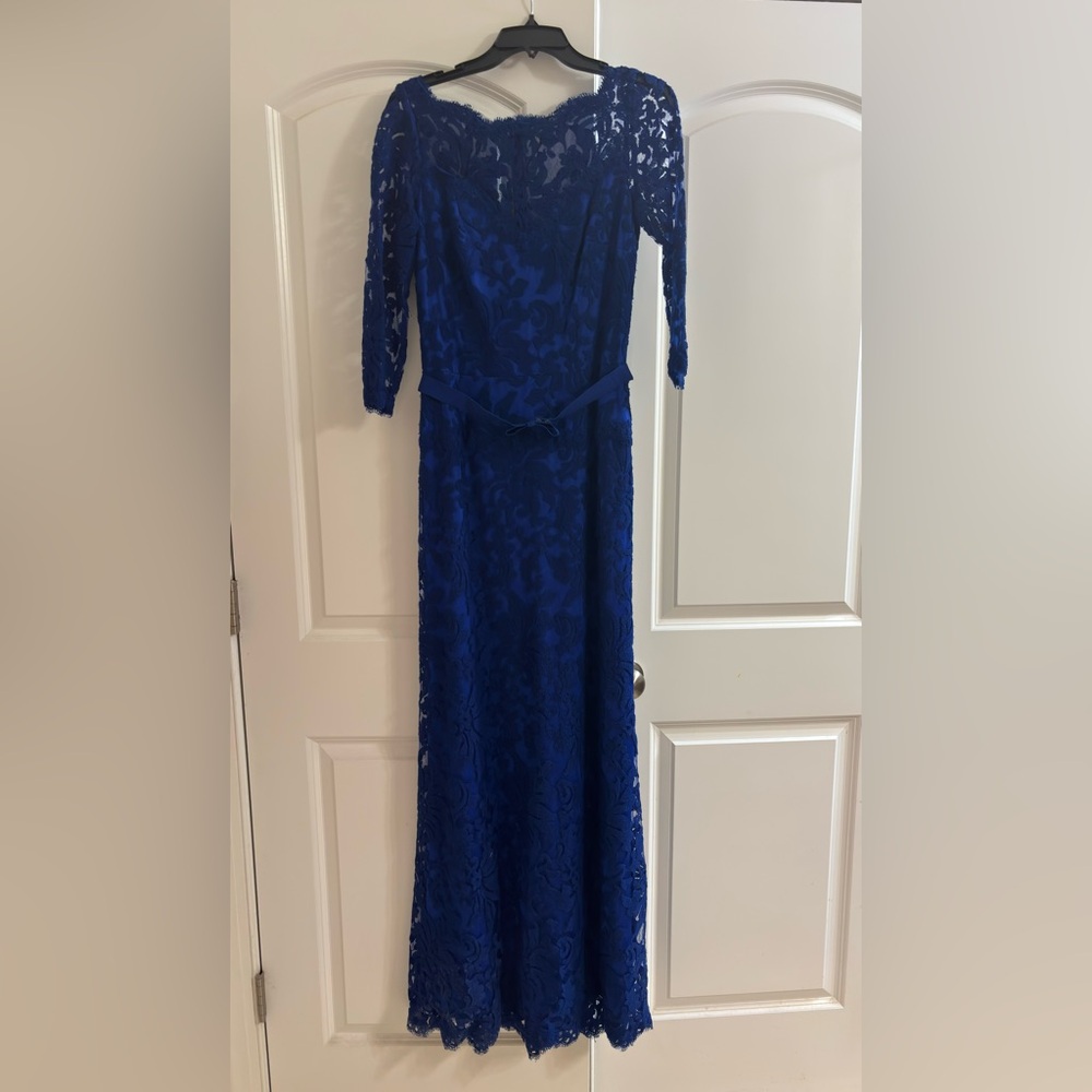 Tadashi Shoji Cobalt Lace Maxi Dress with Waist Tie